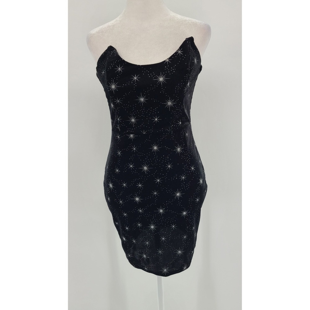 Celestial Black Velvet Mini Dress Medium‎ Sleeveless Silver Star Print Bodycon